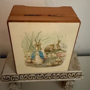 Beatrix Potter Peter Rabbit wooden music box. Vintage Schmid.  Circa 1970s.
